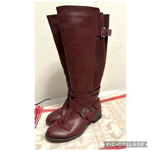 TORRID BLOOD OXFORD BUCKLE FAUX WRAP STRAP INNER ZIP WIDE LEG BOOTS